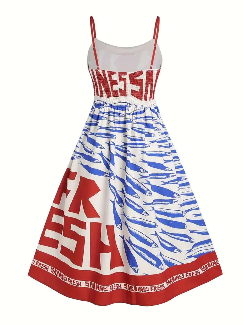 Graphic Spaghetti-Strap Midi Dress in White, Red & Blue - Picture 2 of 7